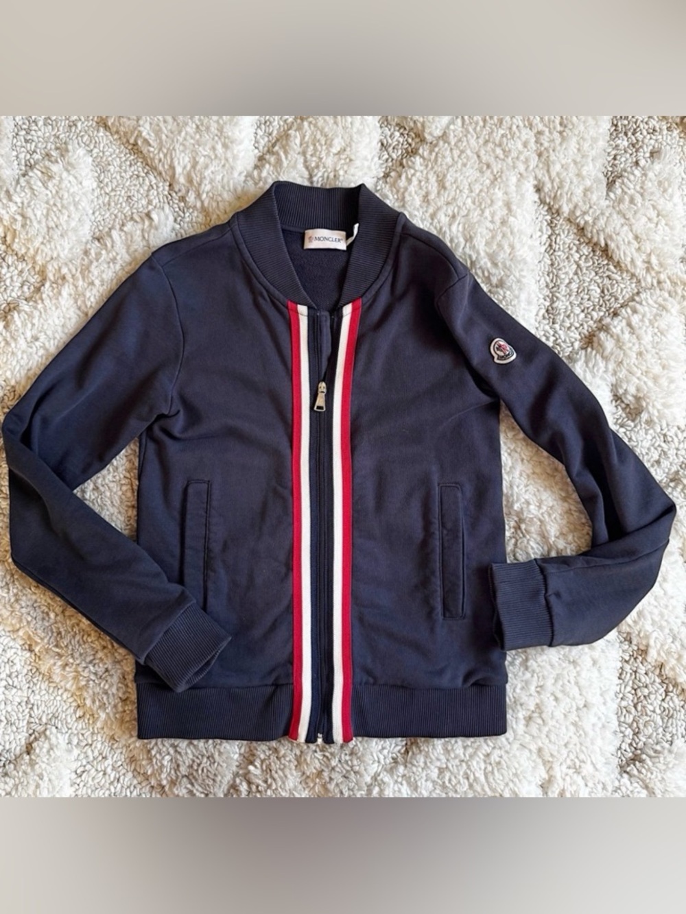 Auth Moncler logo sleeve boys full zip cotton jacket sweatshirt sz 10 blue